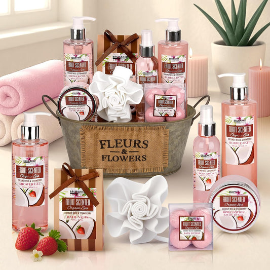 Coffret Bain & Douche – Noix de Coco & Fraise – 11 Pièces – Bassine Vintage Décorative – Idée Cadeau Femme